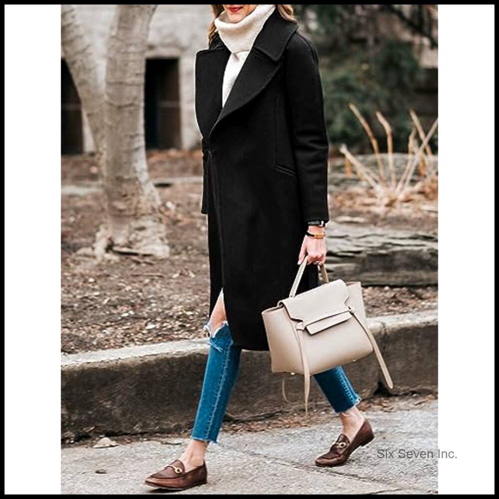 Long Wool Blend Pea Coat with Belt Notched Lapel Collar Winter Overcoat - Picture 3 of 7
